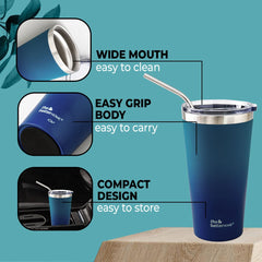 The Better Home 450 ml Insulated Coffee Cup Tumbler with Transparent Lid & Straw | Double Walled 304 Stainless Steel | Leakproof | 6 hrs hot & cold | Perfect For Travel, Home & Office | Aqua-Blue