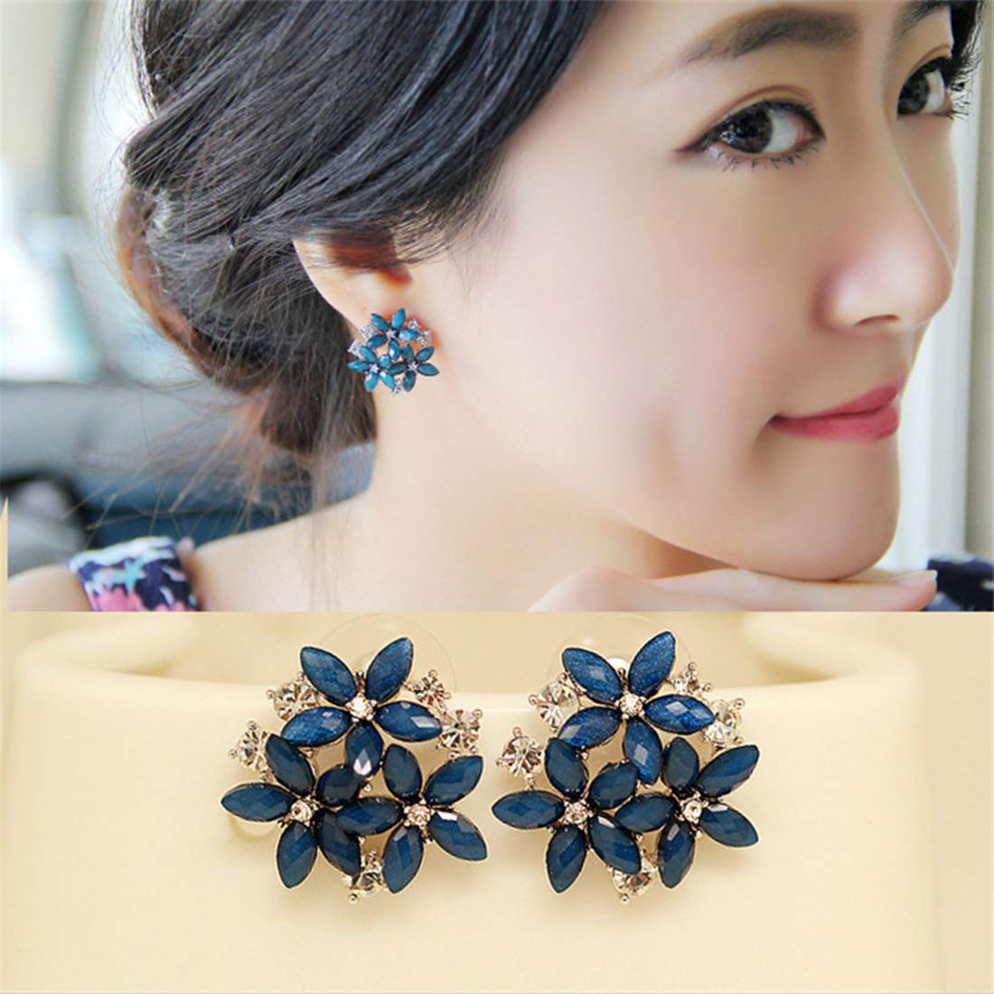 Yellow Chimes Elegant Crystal Blue Flowers Blossoming Stud Earrings for Women and Girls
