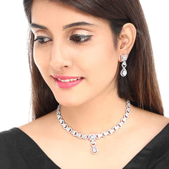 Yellow Chimes Women's Traditional White American Diamond Jewellery Rhodium Plated AD Necklace Set