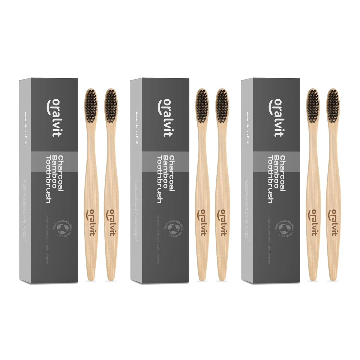 Oralvit Bamboo Charcoal Toothbrush 100% Natural | Anti-bacterial & Biodegradable | Eco-Friendly | For Adults & Kids | BPA Free - Pack of 2 (Pack of 3)