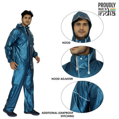 THE CLOWNFISH Oceanic Men's Waterproof PVC Raincoat with Hood and Reflector Logo at Back for Night Travelling. Set of Top and Bottom (Turquoise Blue, XXL)