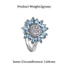 Yellow Chimes Rings for Women Floral Rings Aquamarine Blue Crystal Sunflower Shaped Silver Plated Rings for Women and Girl's.