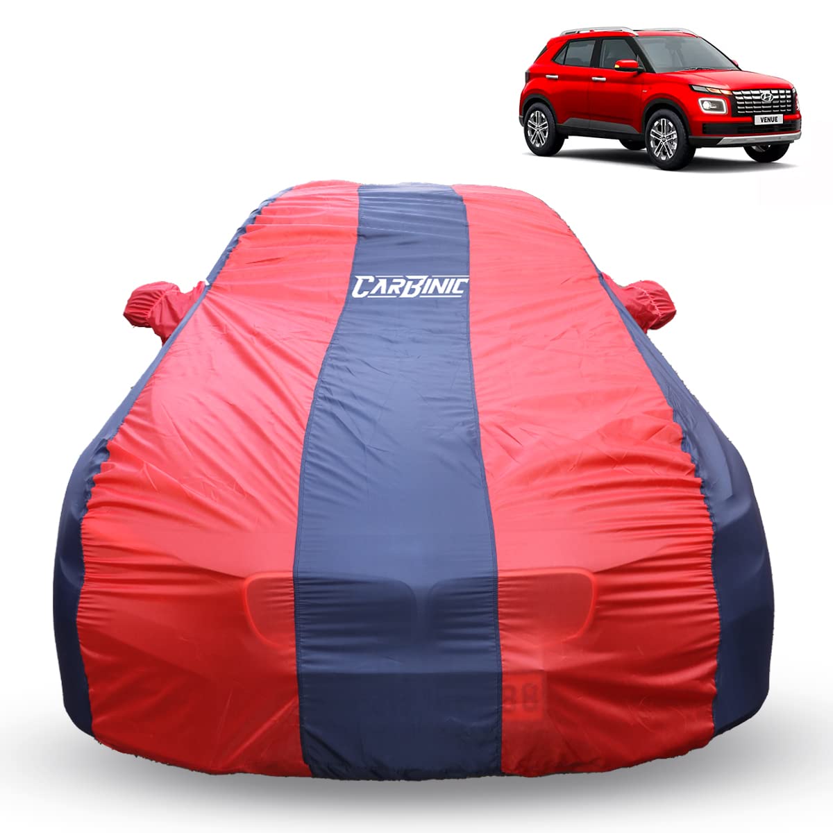 CARBINIC Car Body Cover for Hyundai Venue 2019 | Water Resistant, UV Protection Car Cover | Scratchproof Body Shield | Dustproof All-Weather Cover | Mirror Pocket & Antenna | Car Accessories, Blue Red