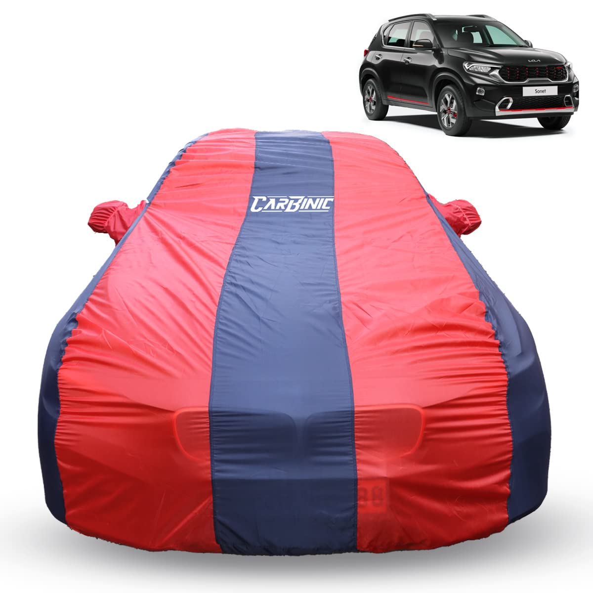 CarBinic Car Cover for KIA Sonet 2020 Water Resistant (Tested) and Dustproof Custom Fit UV Heat Resistant Outdoor Protection with Triple Stitched Fully Elastic Surface | Blue & Red with Pockets