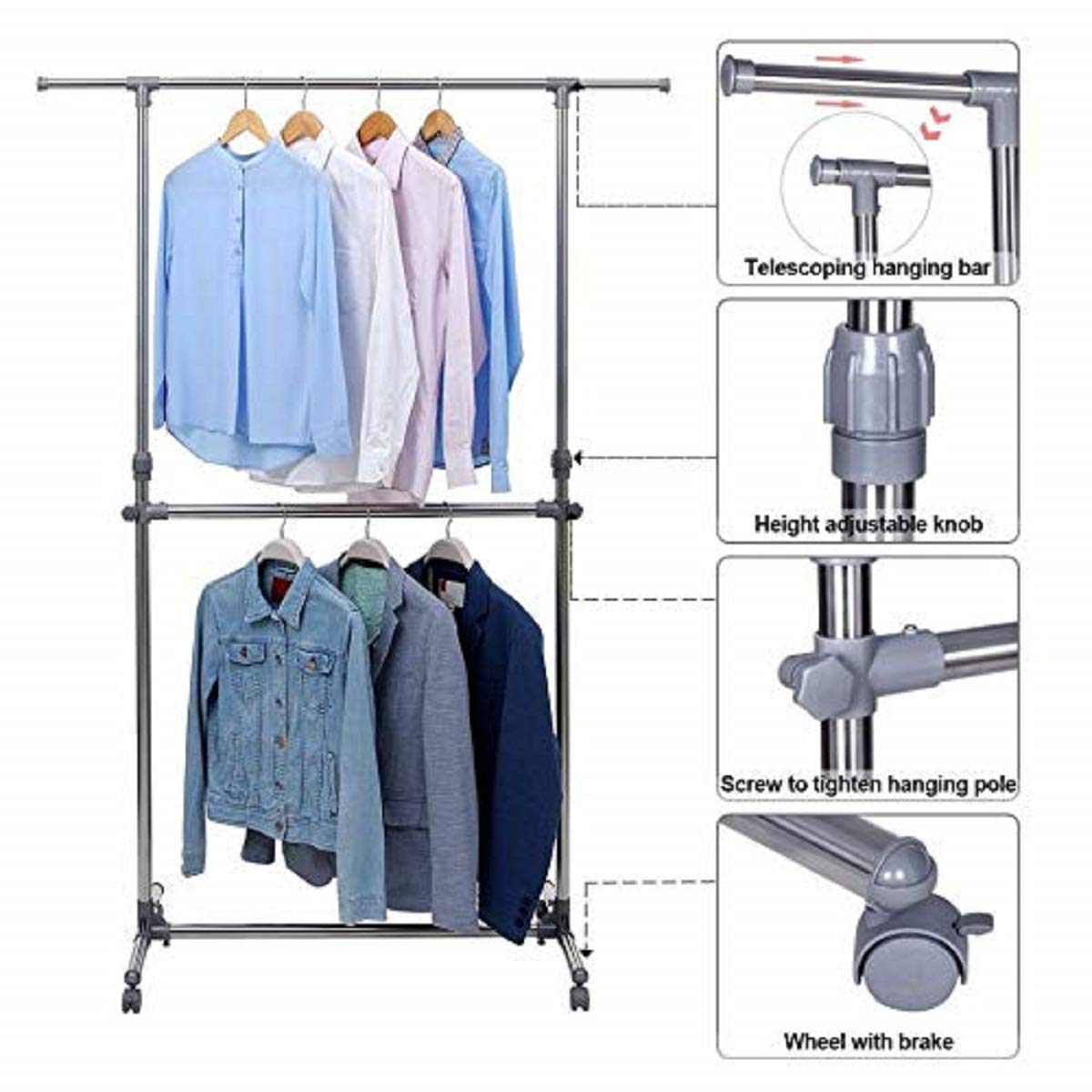 2 Tier Adjustable Telescopic Garment Rack Clothes Hanger Closet Organizer  Stand | eBay
