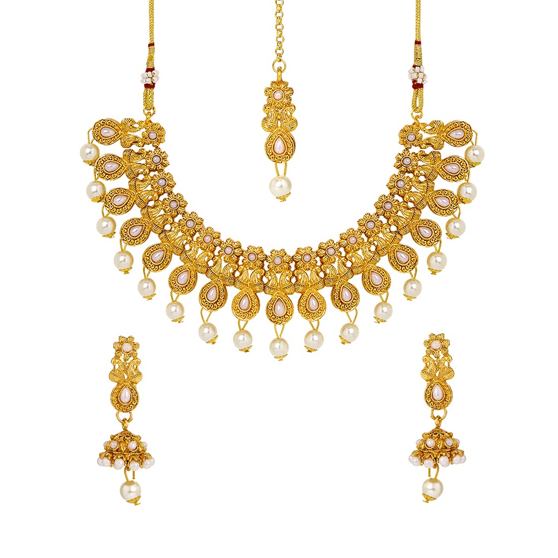 Yellow Chimes Ethnic Gold Plated Studded Kundan Pearl Moti Beads Jewellery Set Traditional Choker Necklace Set with Earrings and maang Tikka for Women and Girls