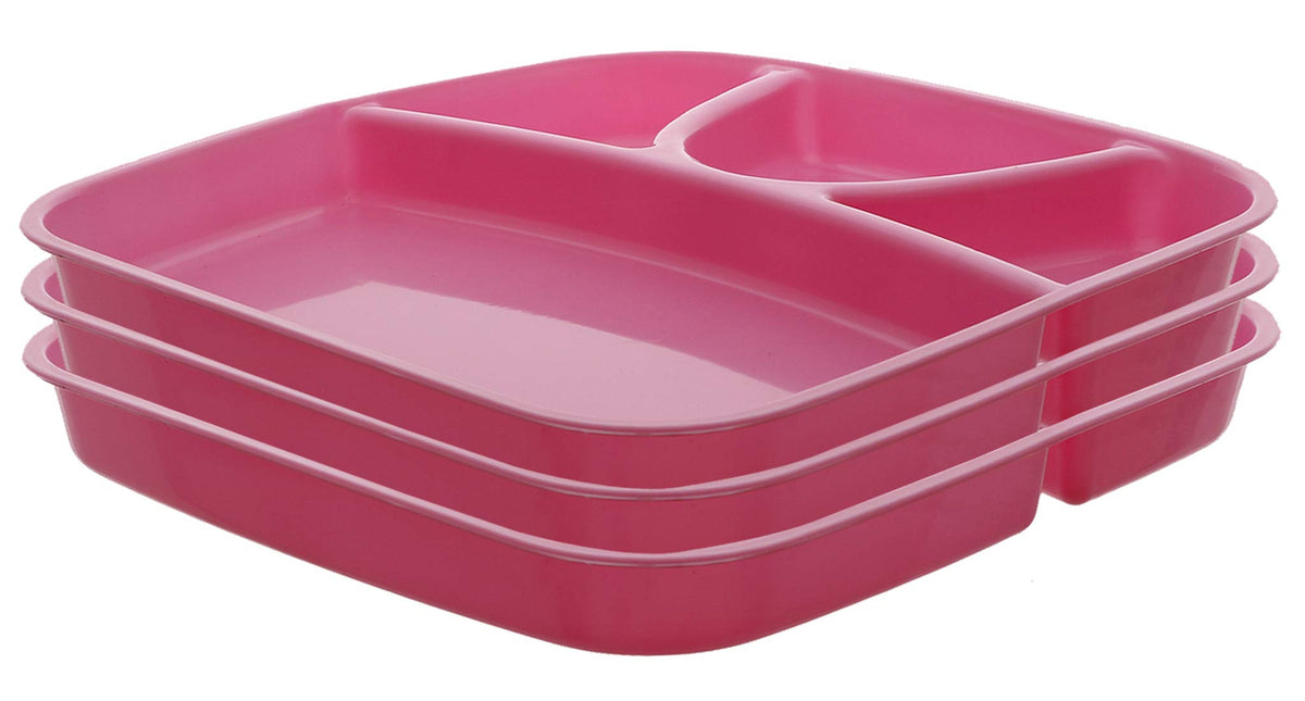 Kuber Industries 3 Pieces Microwave Safe Unbreakable Plastic Food Plate with Partitions (Pink) - CTKTC034702