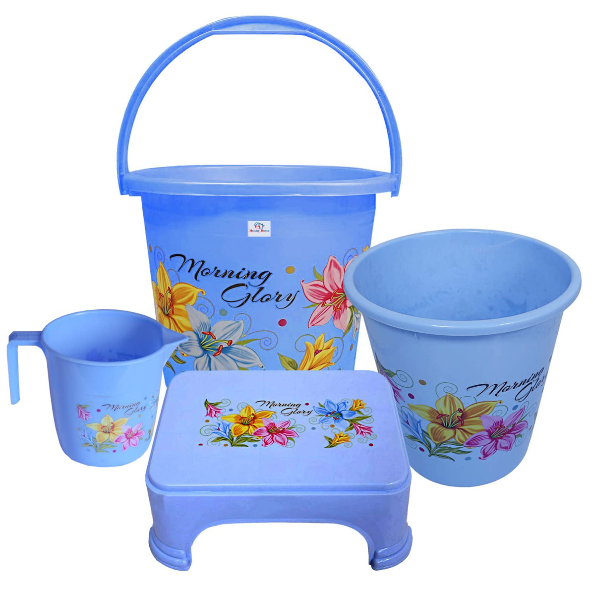 Heart Home Printed 4 Pieces Plastic Bucket, Dustbin, Mug & Stool Set (Blue)
