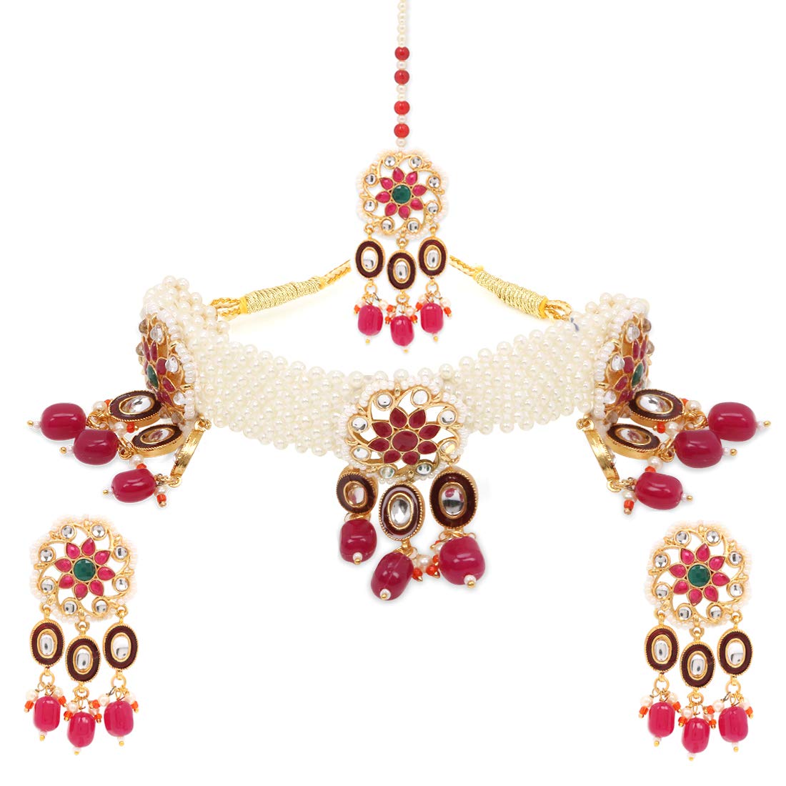 Yellow Chimes Ethnic Handcrafted Moti Pink Jewellery Set Gold Plated Traditional Floral Choker Necklace Set With Maang Tikka for women & Girls (Pink)
