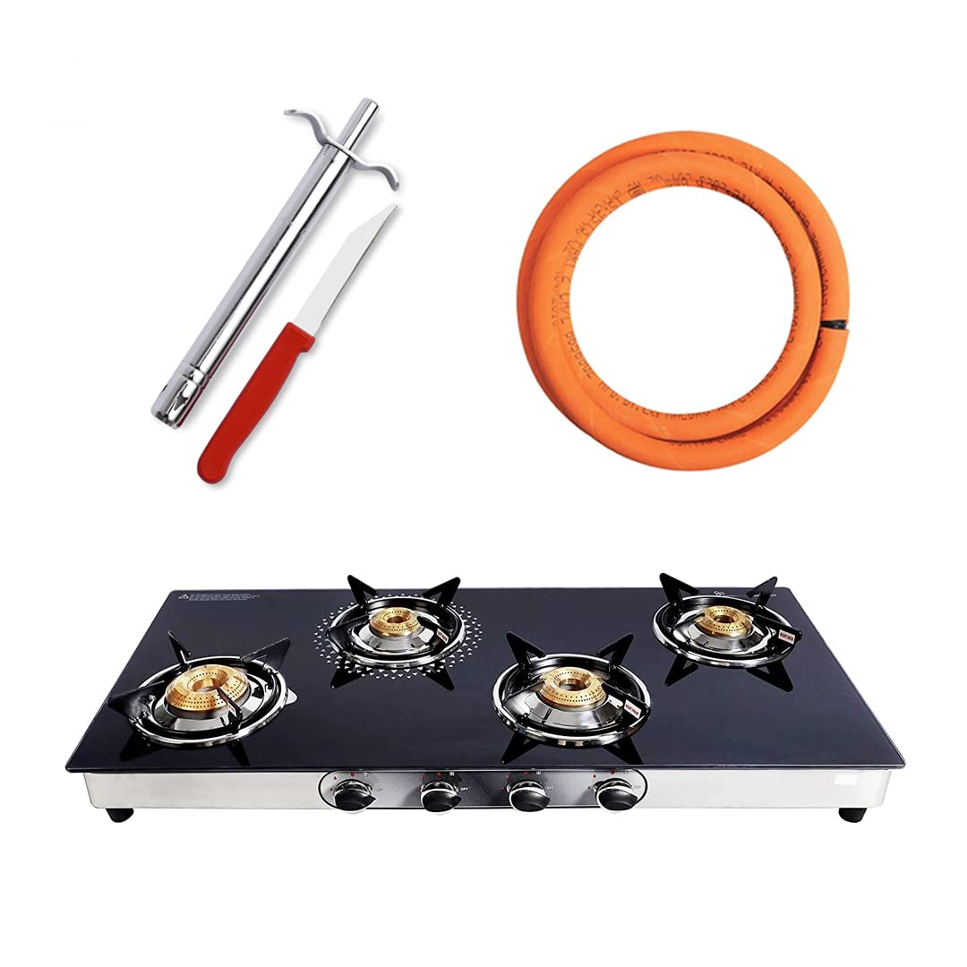 Surya Flame Supreme Gas Stove 4 Burners Glass Top LPG Stove | LPG Gas Dual Layer Rubber Hose Pipe 1.5M | Premier Stainless Steel Gas Lighter with Knife