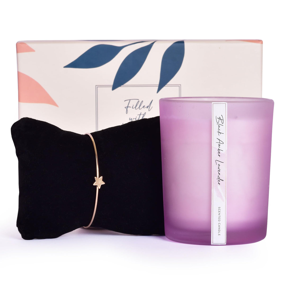 Gleevers Gift Set for Women |Gift Box Pack of 2 with Candle (Black Amber Lavender,250gm) & Star Bracelet|Birthday Gift,Anniversary Gift, Valentine Gift, Secret Santa Gifts