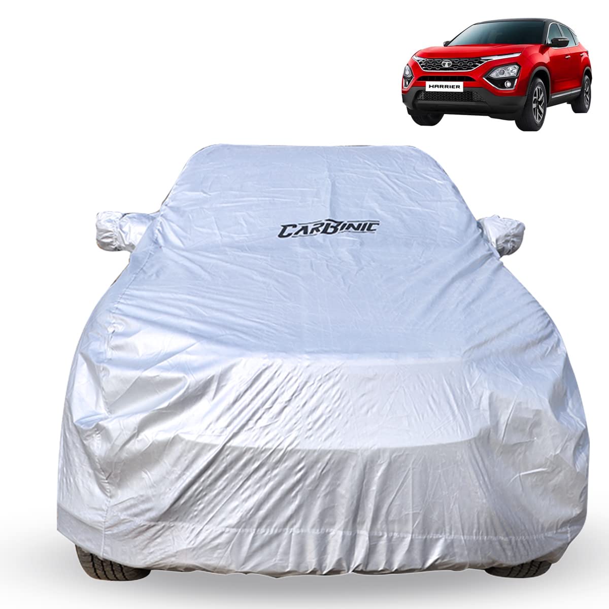 CarBinic Car Cover for Tata Harrier 2019 Water Resistant (Tested) and Dustproof Custom Fit UV Heat Resistant Outdoor Protection with Triple Stitched Fully Elastic Surface | Silver with Pockets