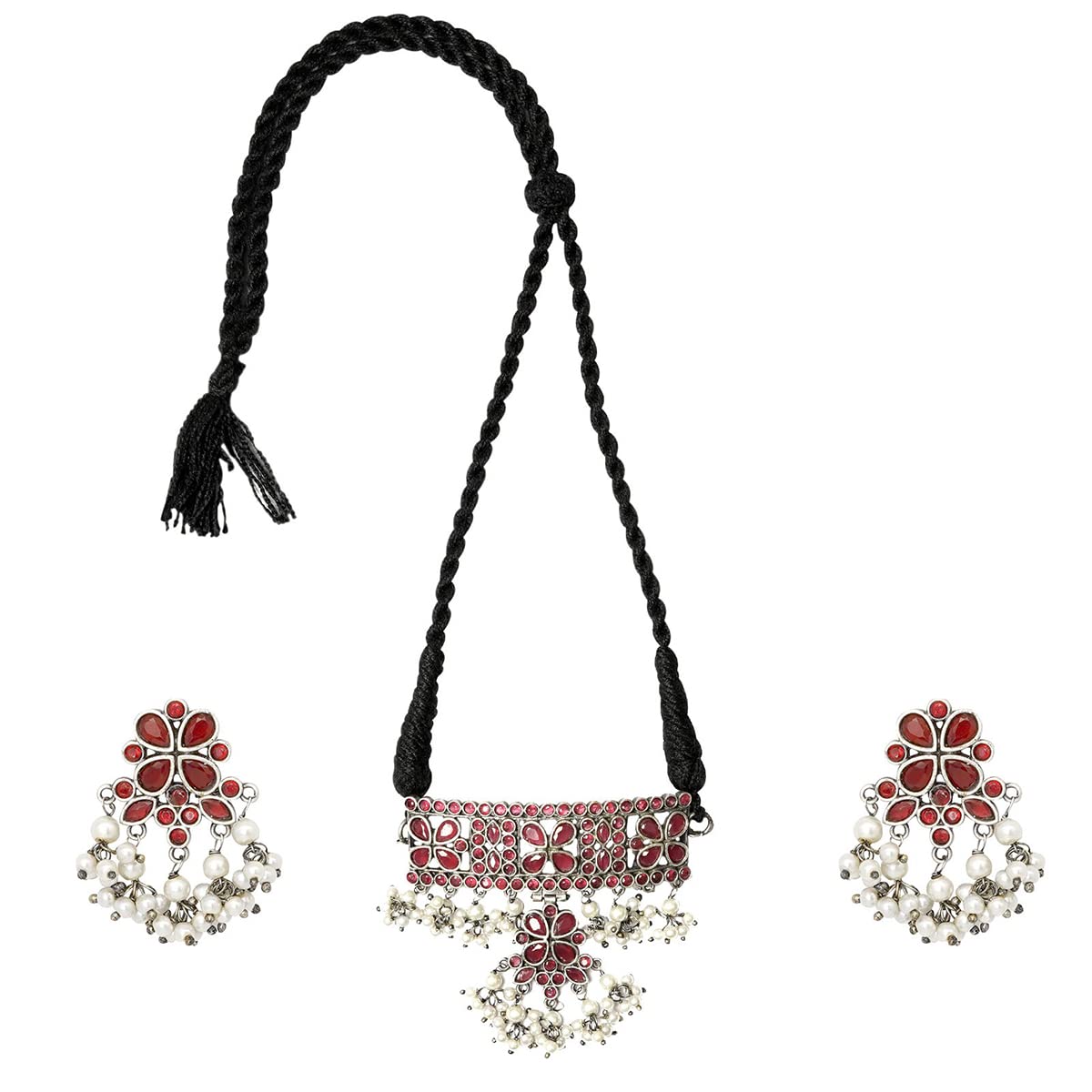 TEEJH Suvarna Silver Oxidised Necklace Set For Women