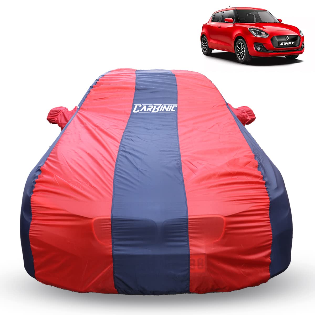 CARBINIC Car Body Cover for Maruti Swift 2018 | Water Resistant, UV Protection Car Cover | Scratchproof Body Shield | Dustproof All-Weather Cover | Mirror Pocket & Antenna | Car Accessories, Blue Red