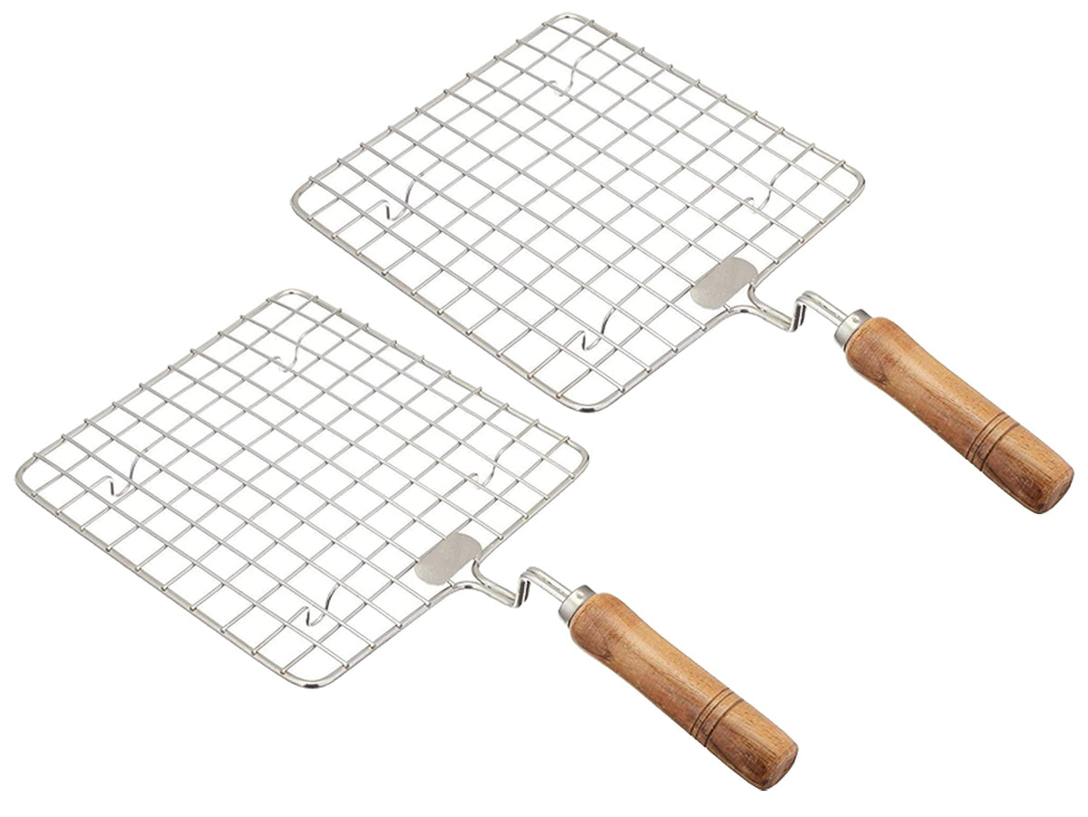 Kuber Industries kitchenware Square Roaster TAndoor Barbeque/Roti/Papad Jali Griller with Wooden Handle-Pack of 2 (Silver)