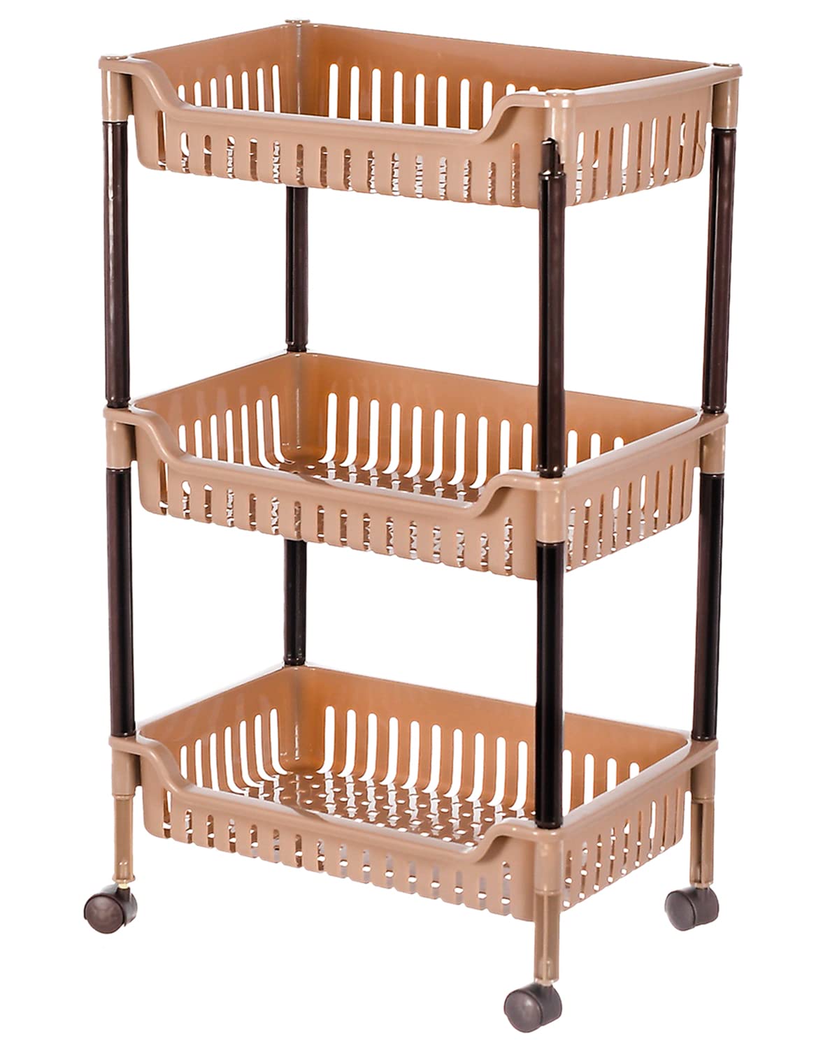 Kuber Industries Plastic 3-Tier Multi-Purpose Square Rolling Storage Cart Organizer Shelf Rack with Wheels (Brown) -46KKM0259, Standard