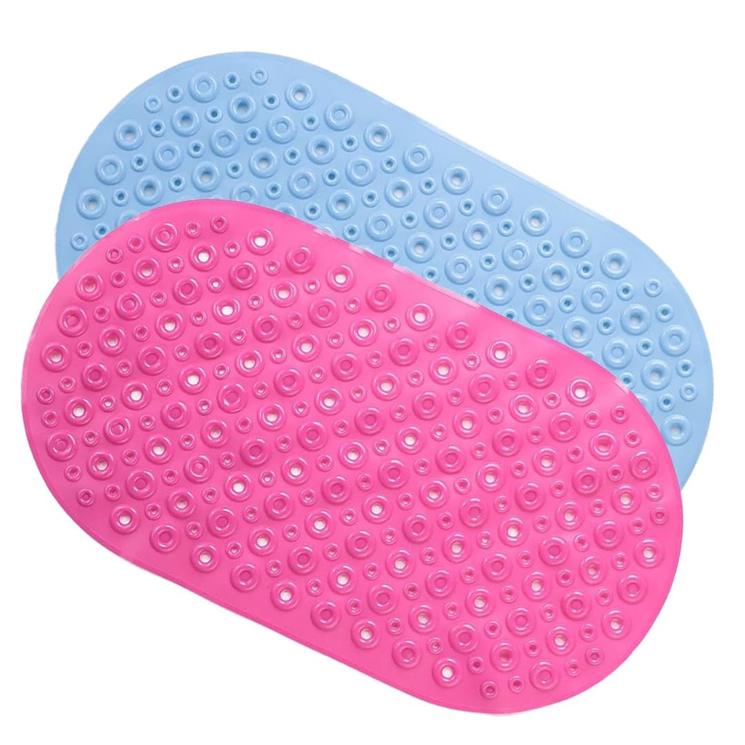 Savya Home Pack of 2 Nonslip Soft Rubber Bath Mat, Rain Mat for Bathtub and Shower, Anti Slip, Anti Bacterial, Machine Washable PVC Bath Mat for Bathroom | 65 x 36 cm |Light Blue & Pink