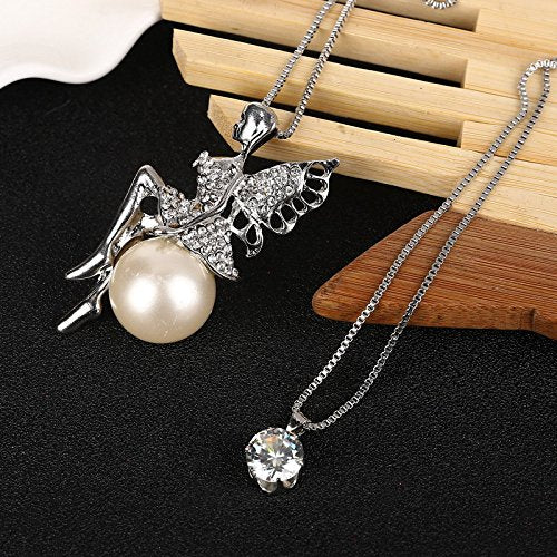 Yellow Chimes Long Chain Necklace for Women Dual Chain Pendant for Girls Angle on Pearl Long Chain Pendant Necklace for Women and Girls