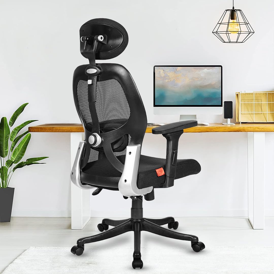 SAVYA HOME Comet Nylon Base HIGH Back Executive Office Chair with Adjustable Armrests & Headrest, Heavy Duty Nylon base, Mesh Back, Ergonomic Home & Study Chair, Black