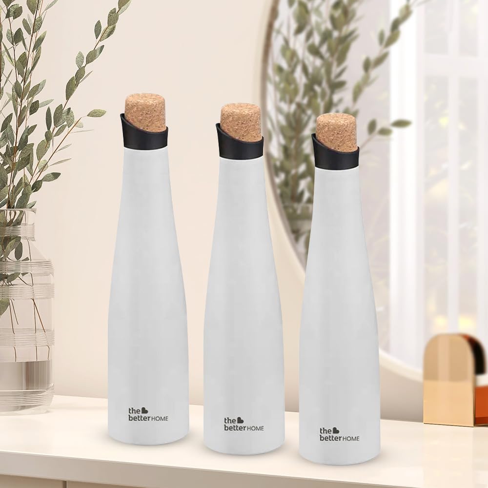 The Better Home Insulated Stainless Steel Water Bottle with Cork Cap | 18 Hours Insulation | Pack of 3-750ml Each | Hot Cold Water for Office School Gym | Leak Proof & BPA Free | White Colour