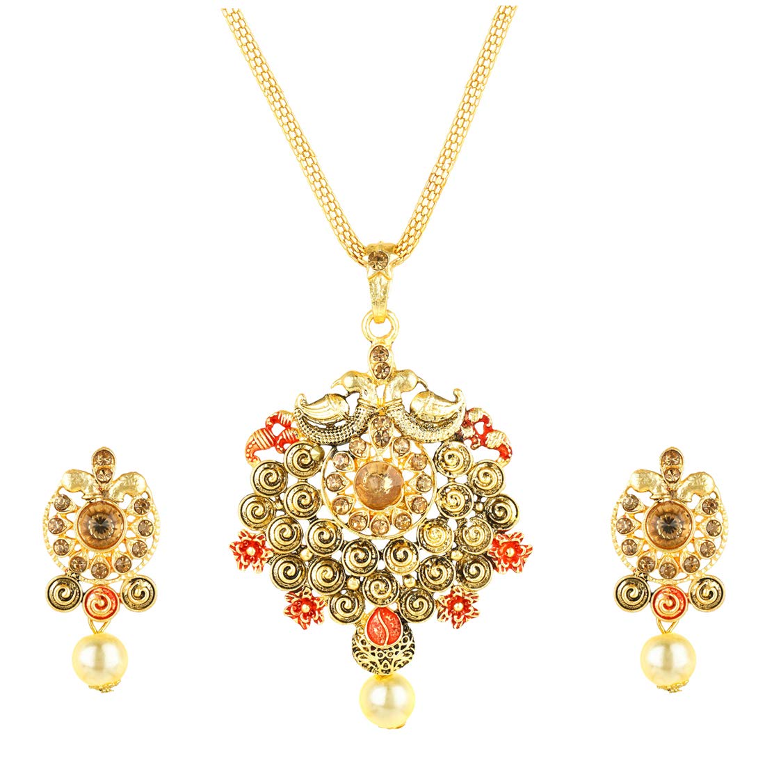 Yellow Chimes Peacock Design Kundan Studded Meenakari Work Gold Plated Jewellery Pendant Set for Women and Girls