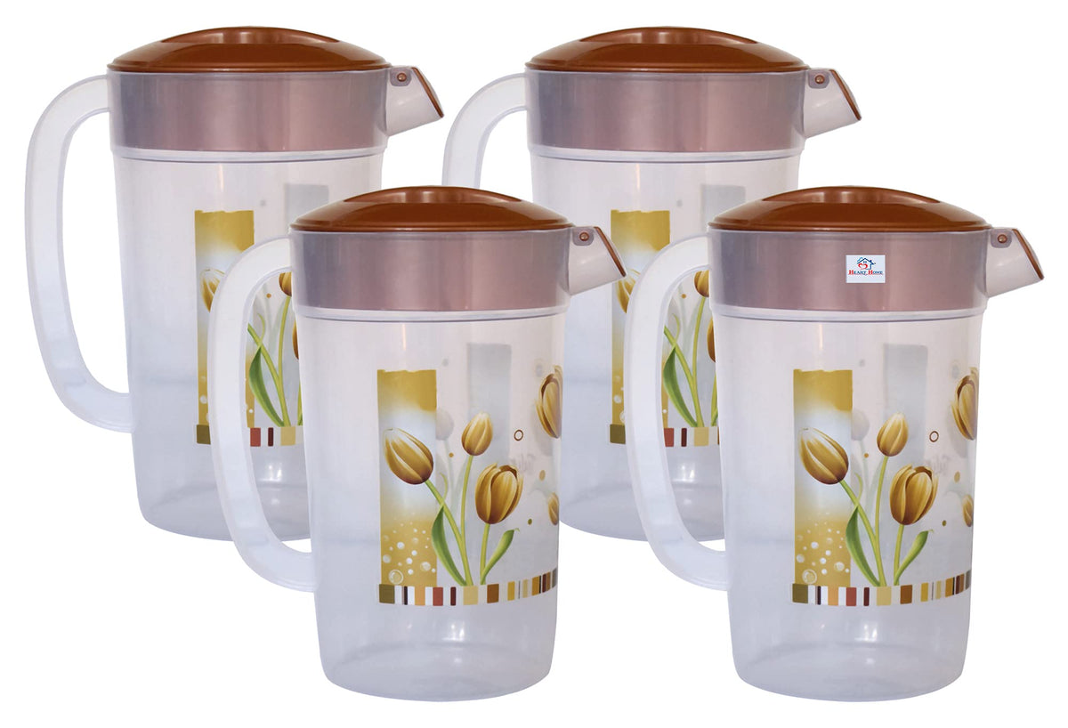 Heart Home Flower Printed Unbreakable Multipurpose Plastic Water Jug/Pitcher with Lid, 2.4 LTR.- Pack of 4 (Brown)-HS42KUBMART25259