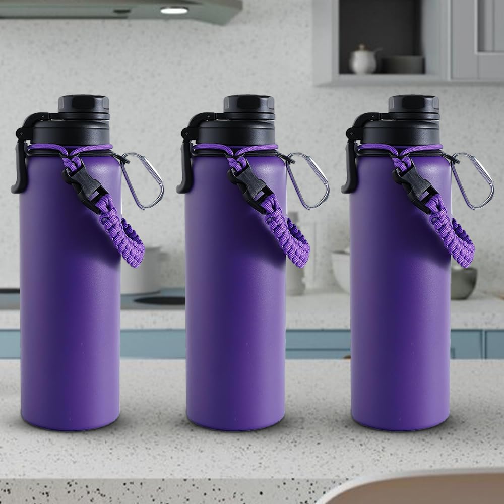 The Better Home Pack of 3 Stainless Steel Insulated Water Bottles | 960 ml Each | Thermos Flask Attachable to Bags & Gears | 6 hrs hot & 12 hrs Cold | Water Bottle for School Office Travel | Purple