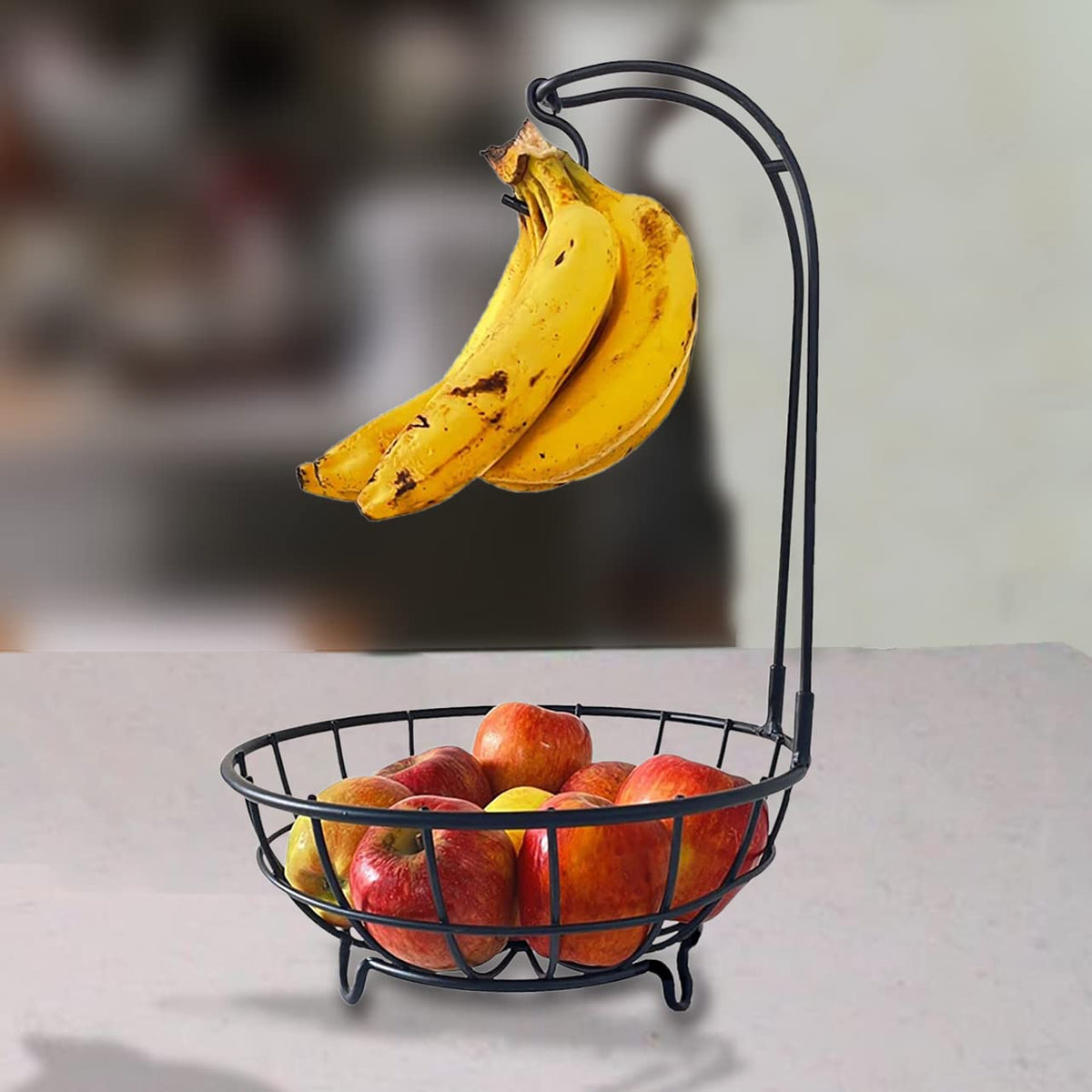 Plantex Heavy Steel Fruit & Vegetable Basket Bowl with Removable Banana Hanger for Dining Table/Kitchen - Countertop (Black)