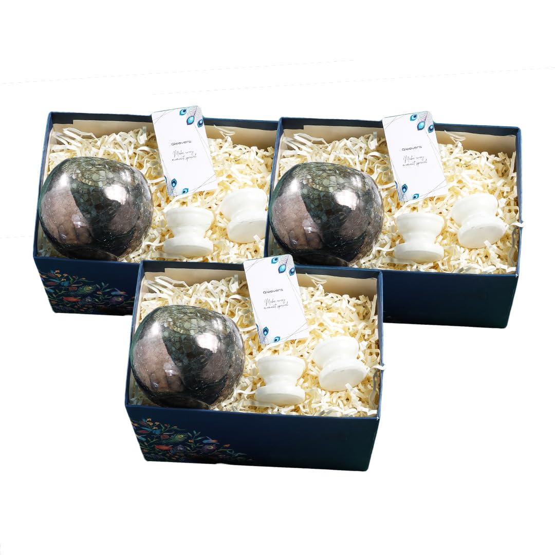 Gleevers Corporate Gifts for Employees |Gift Hamper with Glass Tea Light Holder (Crackled Design) & 2 Marble Diya | Diwali Gift, Diwali Decoration Items, Housewarming Gift, Wedding Gift (Pack of 3)