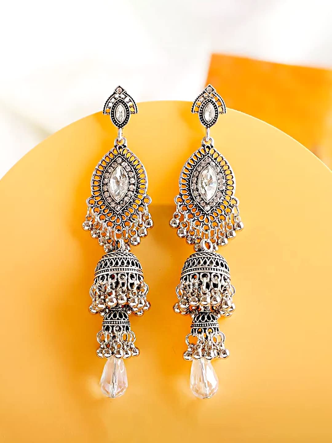 Yellow Chimes Earring For Women Silver Tone Antique Bohemian Crystal Studded Jhumka Designed Dangler Earring For Women and Girls