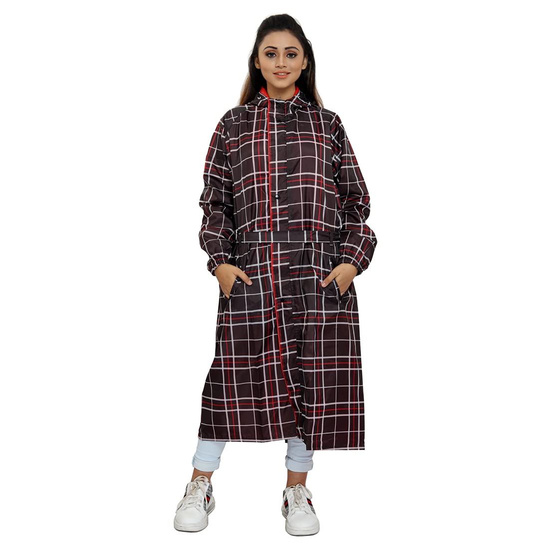 THE CLOWNFISH Dynamic Series Women's Waterproof Polyester Reversible Raincoat/Longcoat with Hood and Reflector Logo at Back for Night Visibility -with Storage Bag (Dark Brown, XL)