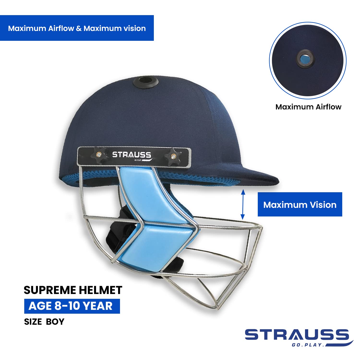 Strauss Supreme Cricket Helmet with Detachable Steel Grill |Size-Boys, Age Group (8-10 Years)