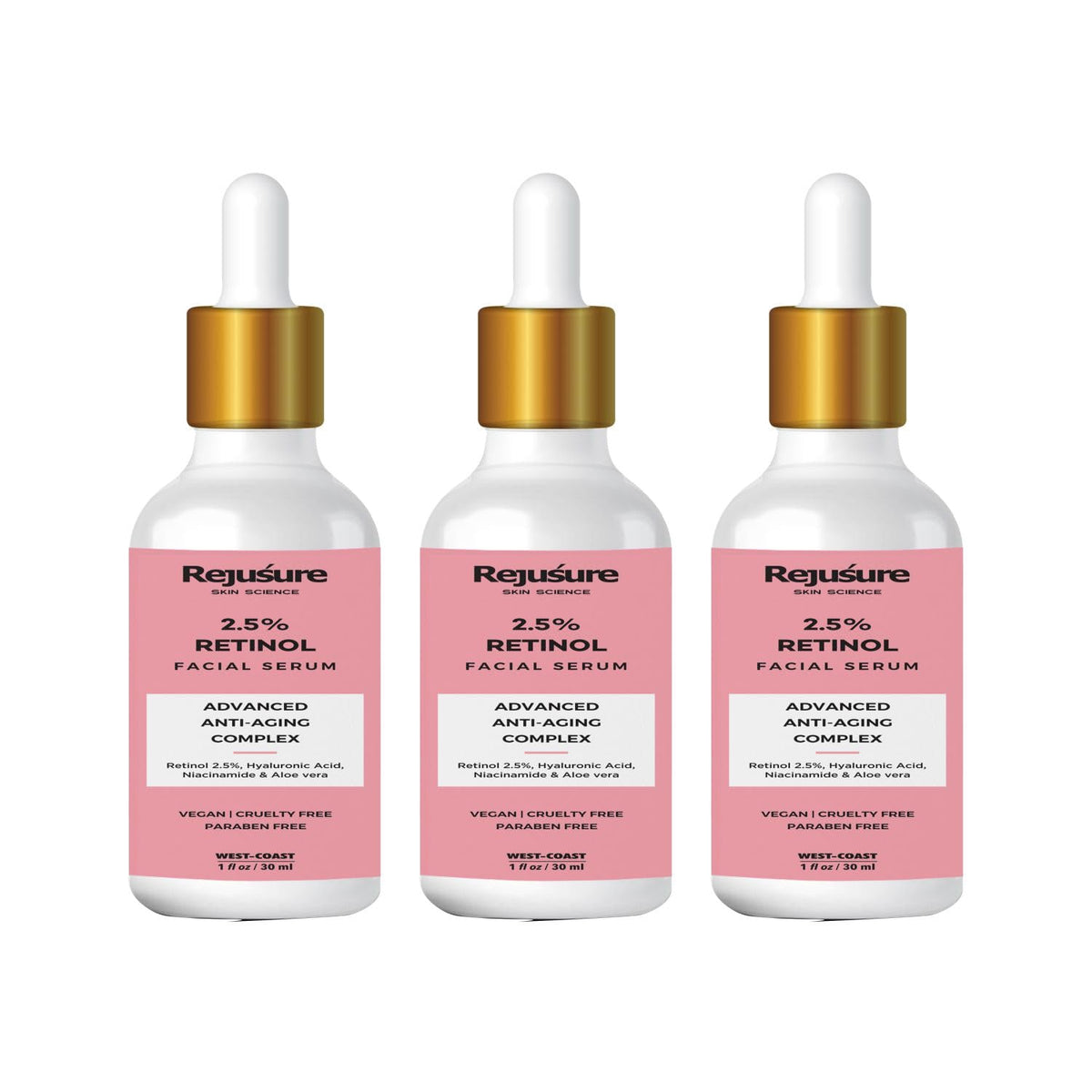 Rejusure 2.5% Retinol Anti-Aging Face Serum for Wrinkles & Fine Lines Boost Collagen & Restoration - 30 ml (Pack of 3)