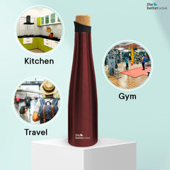 The Better Home Insulated Stainless Steel Water Bottle with Cork Cap | 18 Hours Insulation | Pack of 10-500ml Each | Hot Cold Water for Office School Gym | Leak Proof & BPA Free | Wine Colour