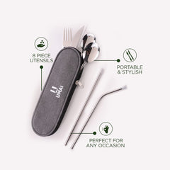 UMAI Portable 8-Piece Stainless Steel Food-Grade Utensil Set - Travel-Friendly | Camping Cutlery | Reusable | Easy to Carry | Ideal for All Occasions | Durable and Practical (Silver)