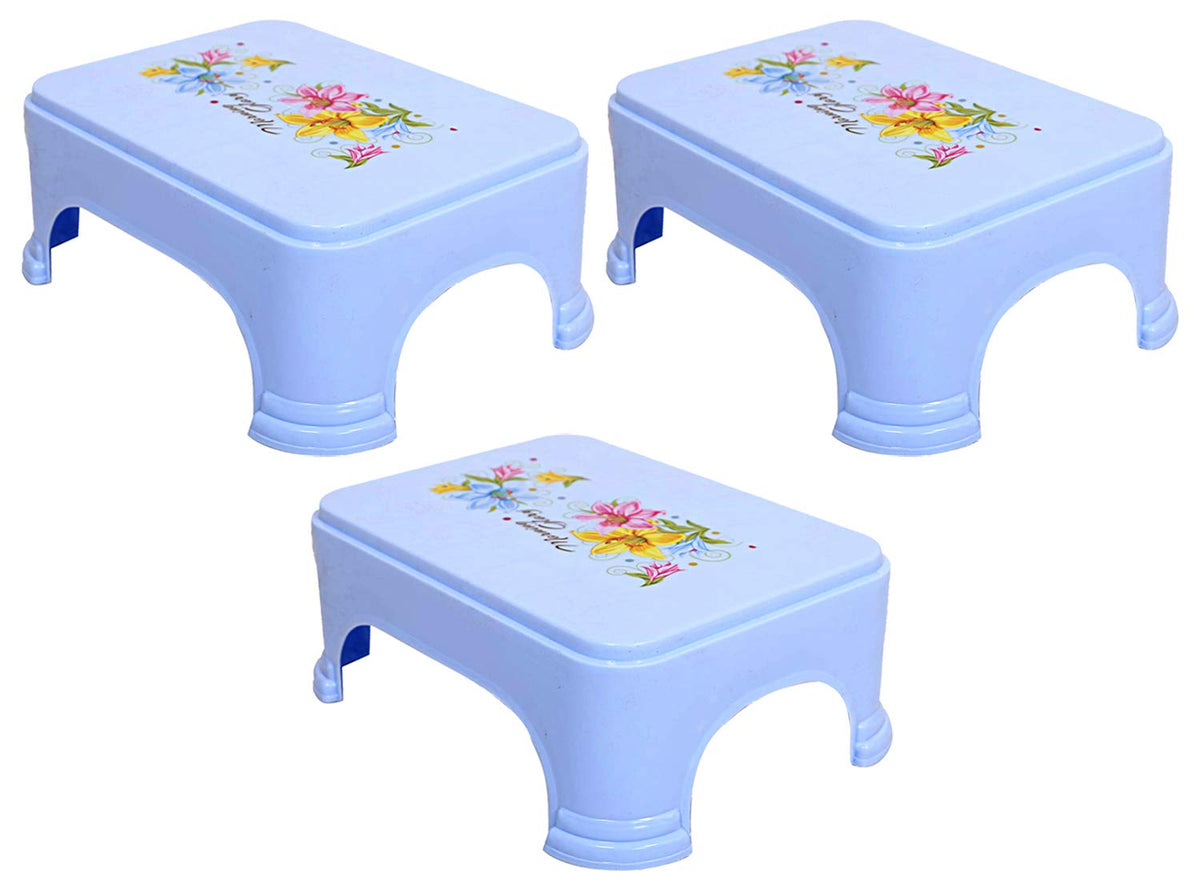 Kuber Industries Floral Print 3 Pieces Plastic Bathroom Stool, Blue-KUBMART10860