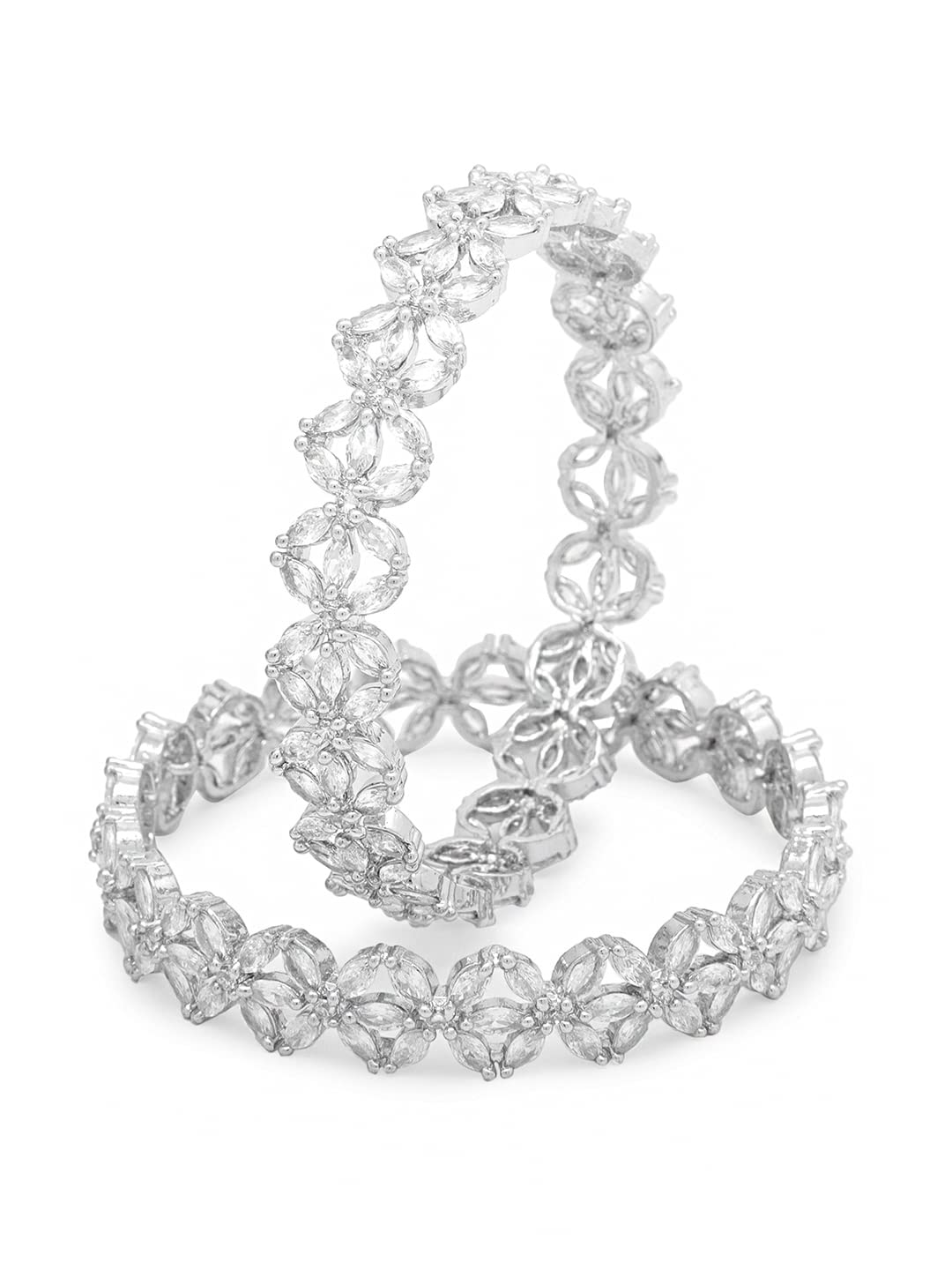 Yellow Chimes Bangles for Women Silver Toned White AD/American Diamond Studded Floral Designed 2 Pcs Set Bangles for Women and Girls