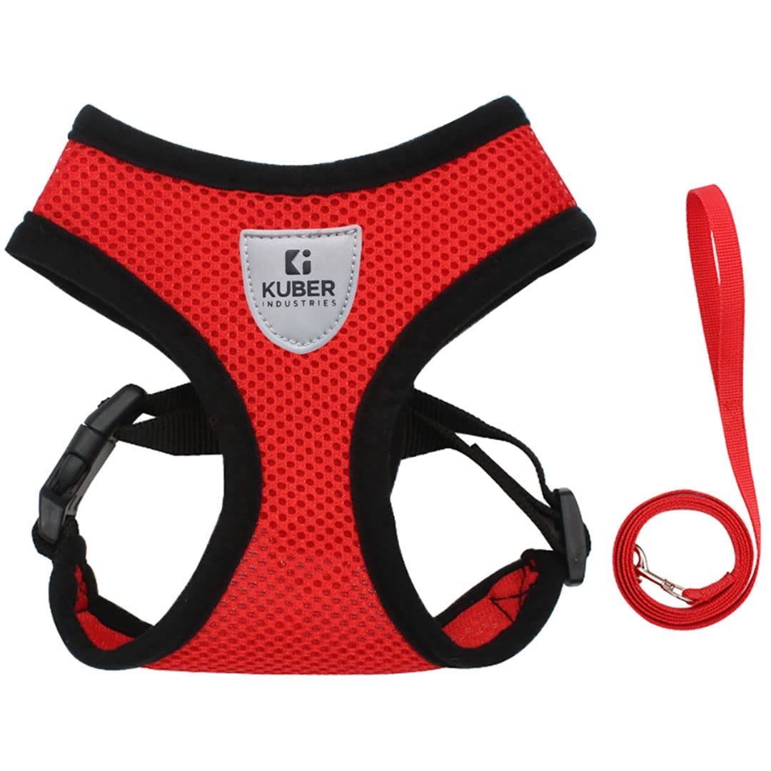 Homestic Reflective Dog Harness with Adjustable Leash|Breathable Polyester Mesh Fabric with Top Carry Handle|Large Size|HAT-818|Comfortable No-Pull Grip|Quick Release Buckles|Stylish Design|Red