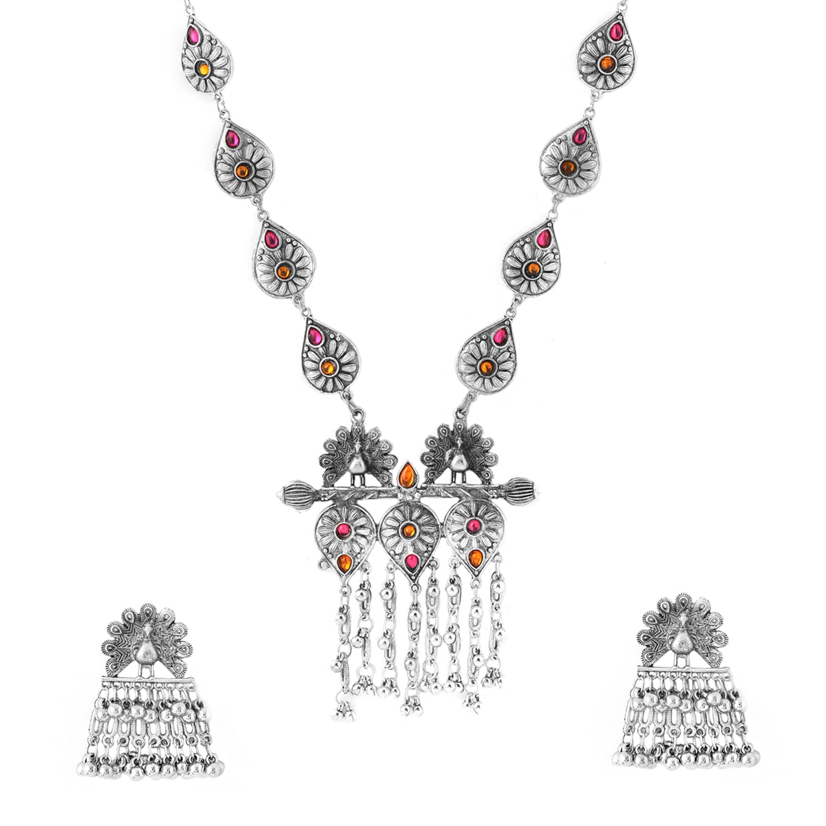 Yellow Chimes Jewellery Set For Women Silver Oxidised Leaf Shaped Multicolor Stone Studded Long Adjustable Necklace With Peacock Designed Earrings For Women and Girls