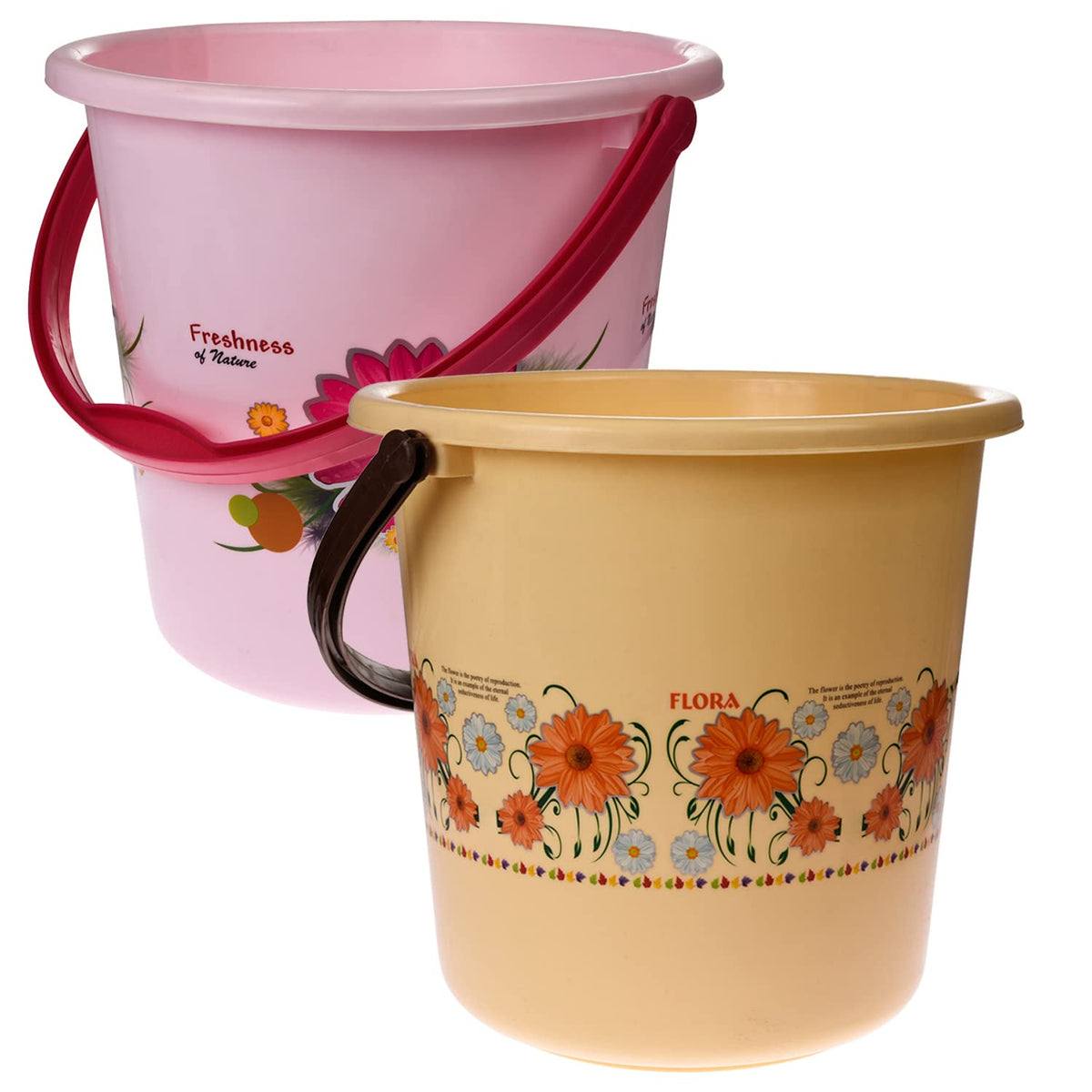 Kuber Industries Bucket|Plastic Bucket for Bathroom|Bucket for Bathing|Unbreakable Printed Bucket with Handle|18 Liter|Pack of 2 (Pink & Cream)
