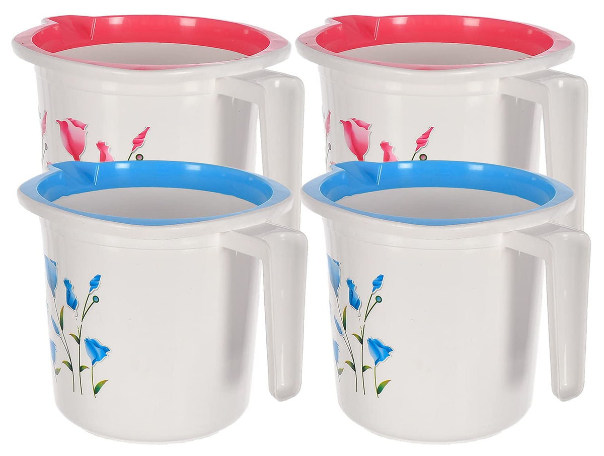 Heart Home Floral Print Plastic Bathroom Mug 1.5 Litre- Pack of 4 (Blue & Pink)-46HH0201