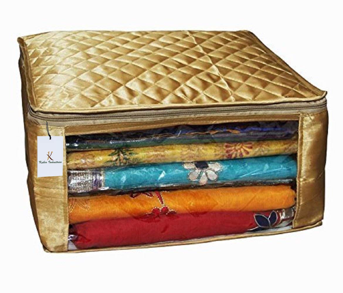 Kuber Industries Non Woven Fabric Saree Cover/Clothes Organizer|Solid Color & Transparent Window|Zipper Closure With Foldable Material, Pack of 1 (Gold )