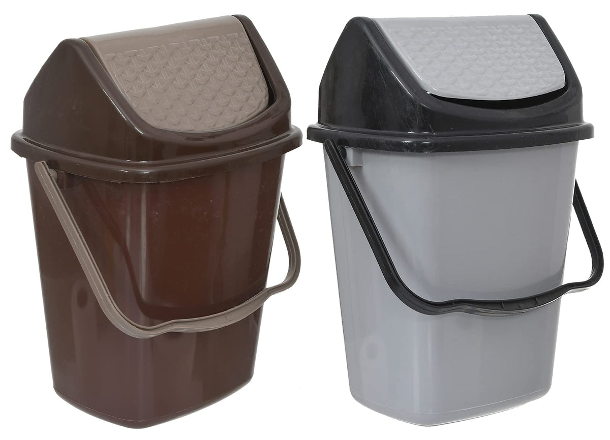 Heart Home Plastic Dustbin/Wastebin With Swing Lid With Handle, 7 Liter- Pack of 2 (Brown & Grey)-47HH0855