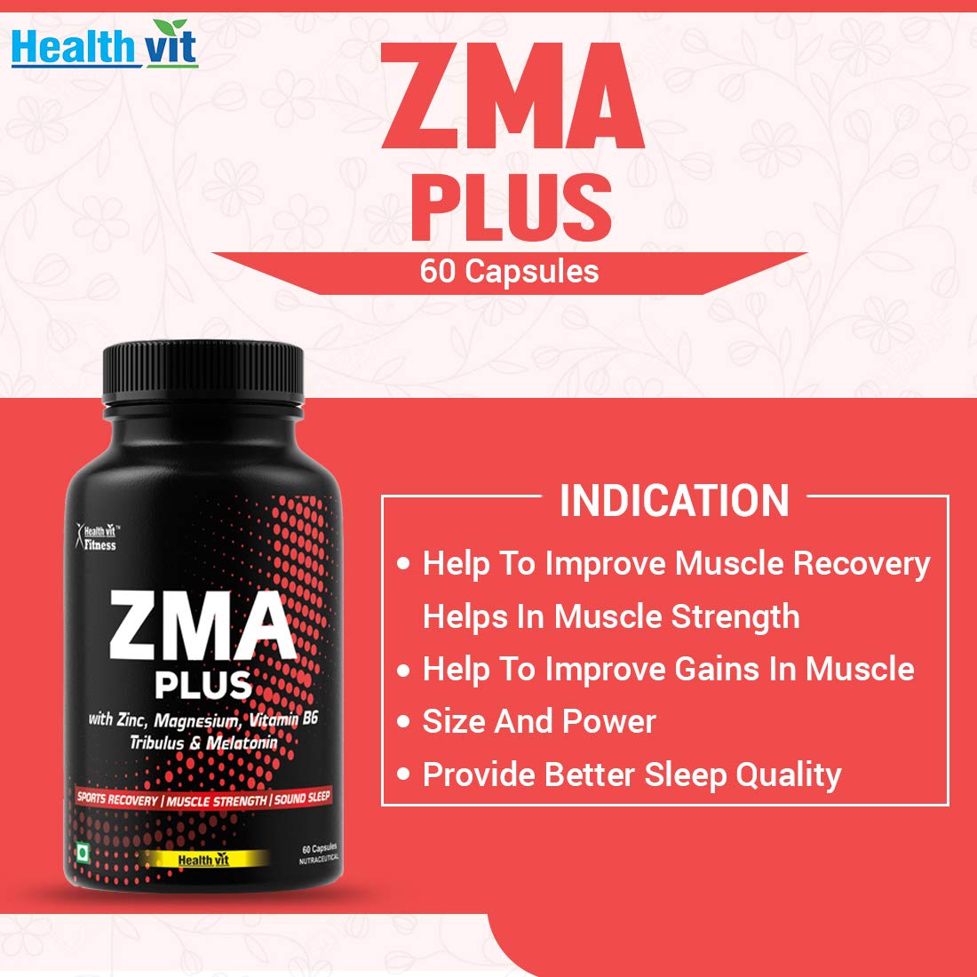 Healthvit Fitness Triple Strength ZMA Plus, Sports Recovery & Sleep Support Supplement with Zinc, Magnesium, Vitamin B6, Tribulus & Melatonin – 60 Capsules