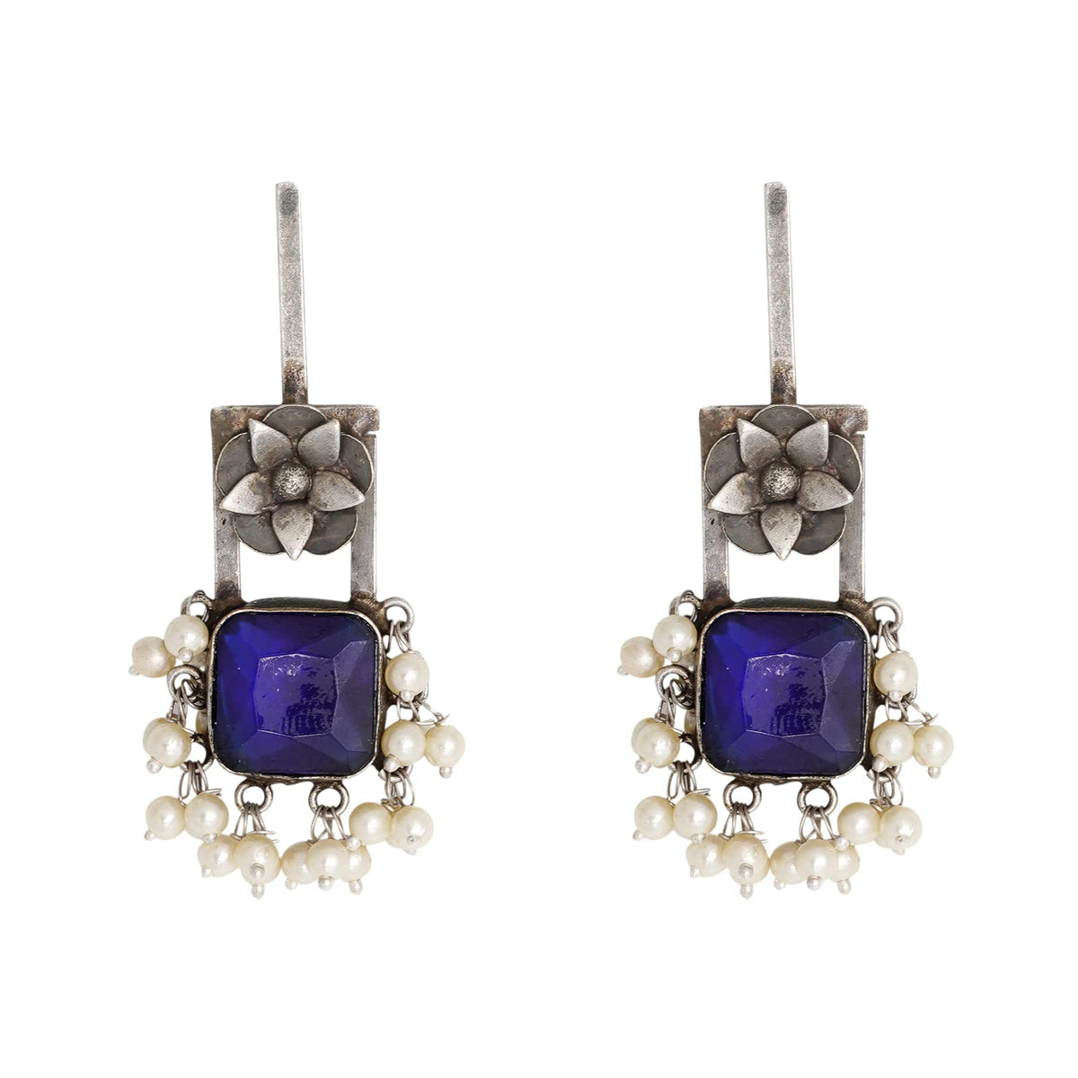 Teejh Vrinda Blue Stone Silver Oxidised Earrings