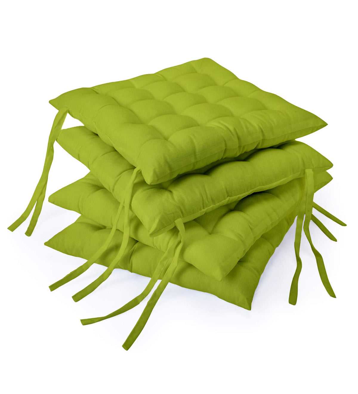 Encasa Homes 4 pcs Chair Cushions 40x40 cm - Lime Green - Dyed Canvas Square Seat Cushions with Thick Cotton Filler & Ties for Sitting, Pooja, Dining & Office Table