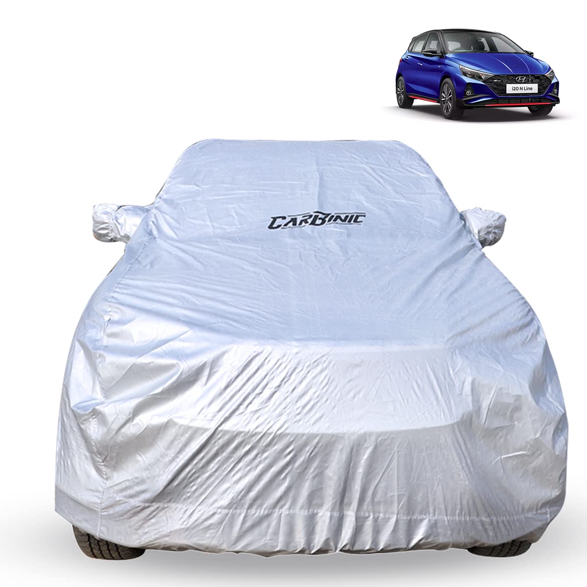 CARBINIC Waterproof Car Body Cover for Hyundai i20 2020 | Dustproof, UV Proof Car Cover | i20 Car Accessories | Mirror Pockets & Antenna Triple Stitched | Double Layered Soft Cotton Lining, Silver