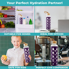 The Better Home Borosilicate Glass Water Bottle with Sleeve (550ml) | Non Slip Silicon Sleeve & Bamboo Lid | Water Bottles for Fridge | Purple (Pack of 20)
