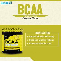 Healthvit Fitness BCAA Supplement powder for Workout | L-Leucine, L-Isoleucine and L-Valine in the ratio of 2: 1: 1 with L-Glutamine & L-Citrulline Malate – 200g Pineapple Flavor