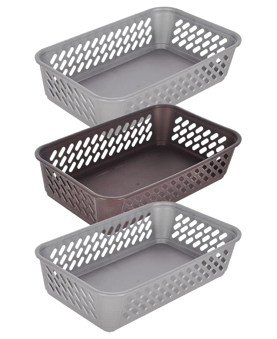 Heart Home Multiuses Super Tidy Plastic Tray/Basket/Organizer- Pack of 3 (Grey & Brown & Grey) -46HH0583